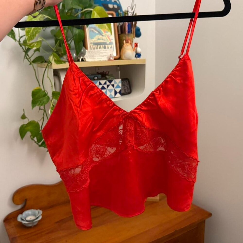 Free People Red Satin Lace Cami Tank